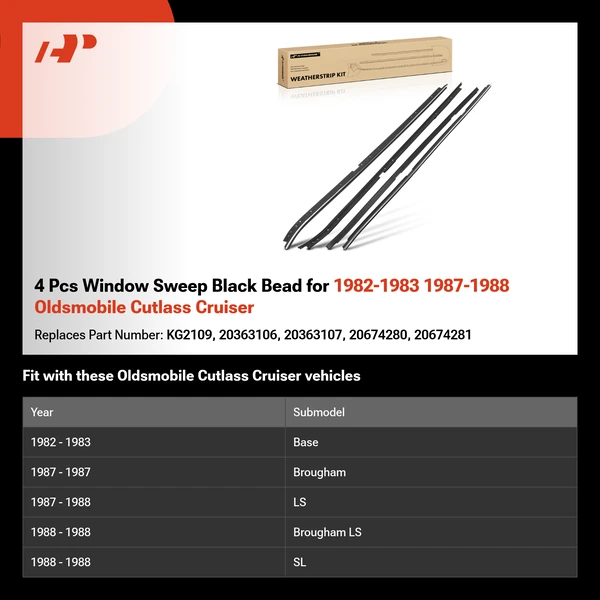 4 Pcs Window Sweep Black Bead for 1982-1983 1987-1988 Oldsmobile Cutlass Cruiser