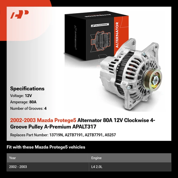 2002-2003 Mazda Protege5 Alternator 80A 12V Clockwise 4-Groove Pulley A-Premium APALT317