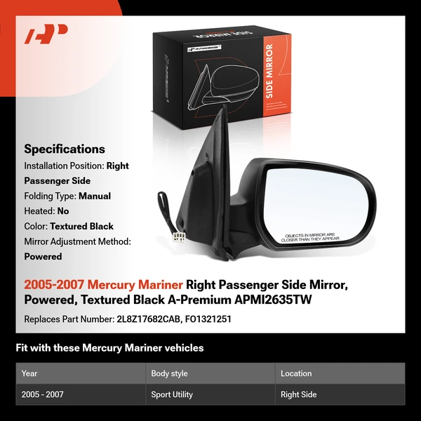 2005-2007 Mercury Mariner Right Passenger Side Mirror, Powered, Textured Black A-Premium APMI2635TW