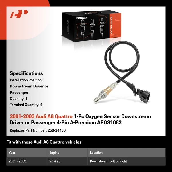 2001-2003 Audi A8 Quattro 1-Pc Oxygen Sensor Downstream Driver or Passenger 4-Pin A-Premium APOS1082