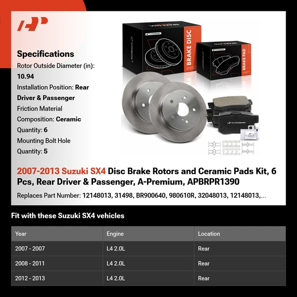 2007-2013 Suzuki SX4 Disc Brake Rotors and Ceramic Pads Kit, 6 Pcs, Rear Driver & Passenger, A-Premium, APBRPR1390