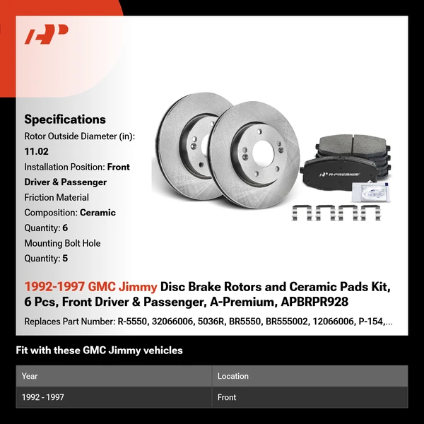 1992-1997 GMC Jimmy Disc Brake Rotors and Ceramic Pads Kit, 6 Pcs, Front Driver & Passenger, A-Premium, APBRPR928