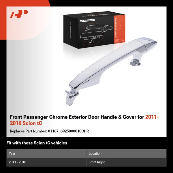 Front Passenger Chrome Exterior Door Handle & Cover for 2011-2016 Scion tC
