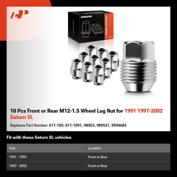 10 Pcs Front or Rear M12-1.5 Wheel Lug Nut for 1991 1997-2002 Saturn SL