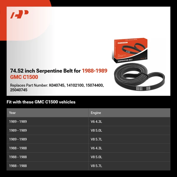 74.52 inch Serpentine Belt for 1988-1989 GMC C1500