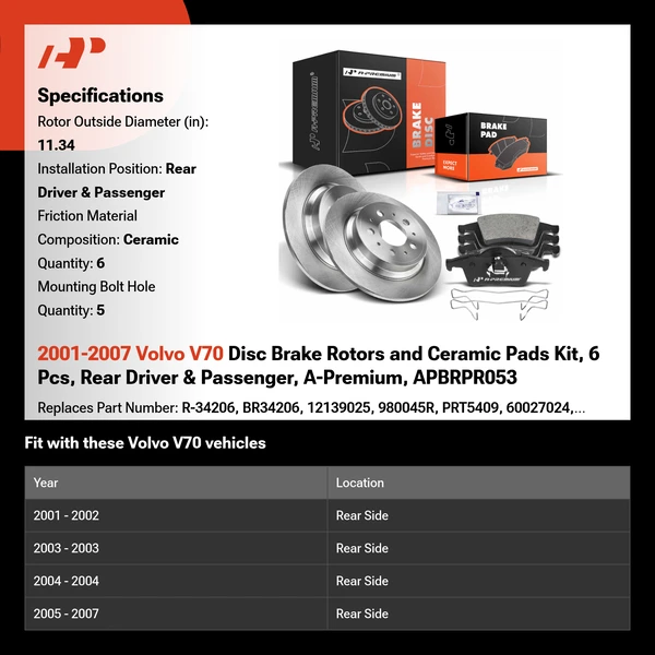 2001-2007 Volvo V70 Disc Brake Rotors and Ceramic Pads Kit, 6 Pcs, Rear Driver & Passenger, A-Premium, APBRPR053