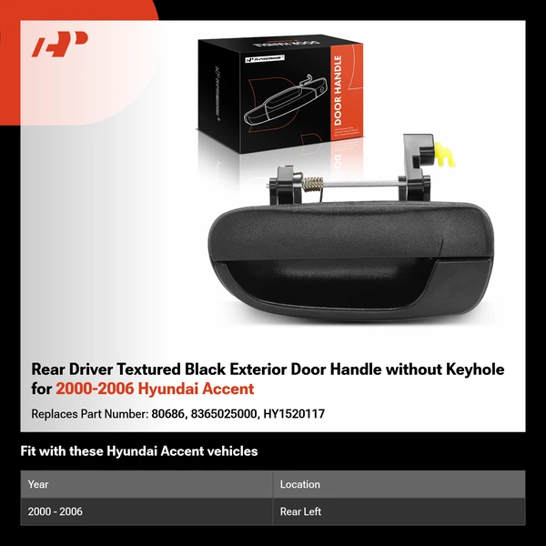 Rear Driver Textured Black Exterior Door Handle without Keyhole for 2000-2006 Hyundai Accent