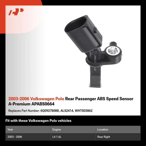 2003-2006 Volkswagen Polo Rear Passenger ABS Speed Sensor A-Premium APABS0664