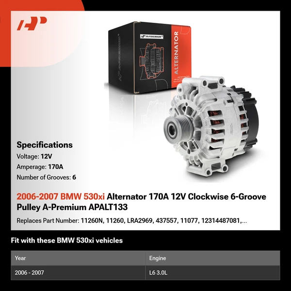 2006-2007 BMW 530xi Alternator 170A 12V Clockwise 6-Groove Pulley A-Premium APALT133