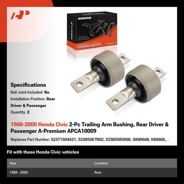 1988-2000 Honda Civic 2-Pc Trailing Arm Bushing, Rear Driver & Passenger A-Premium APCA10009