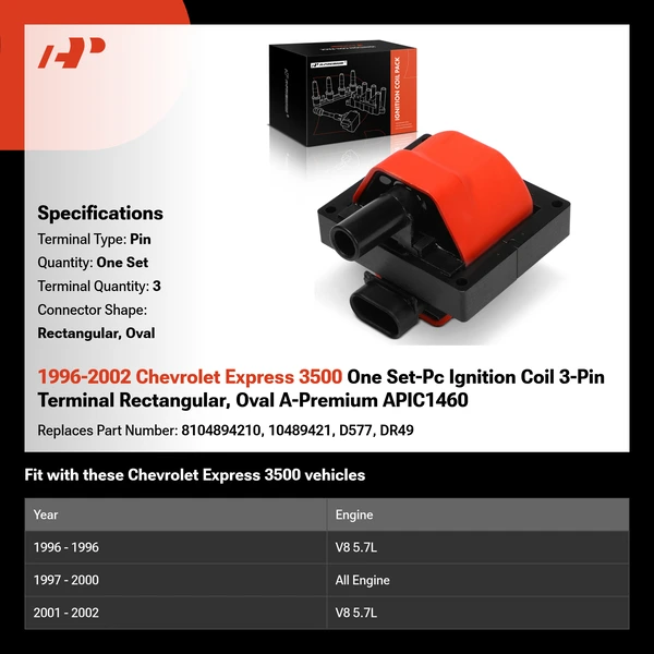 1996-2002 Chevrolet Express 3500 One Set-Pc Ignition Coil 3-Pin Terminal Rectangular, Oval A-Premium APIC1460