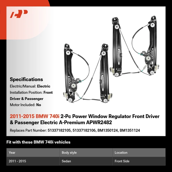 2011-2015 BMW 740i 2-Pc Power Window Regulator Front Driver & Passenger Electric A-Premium APWR2482