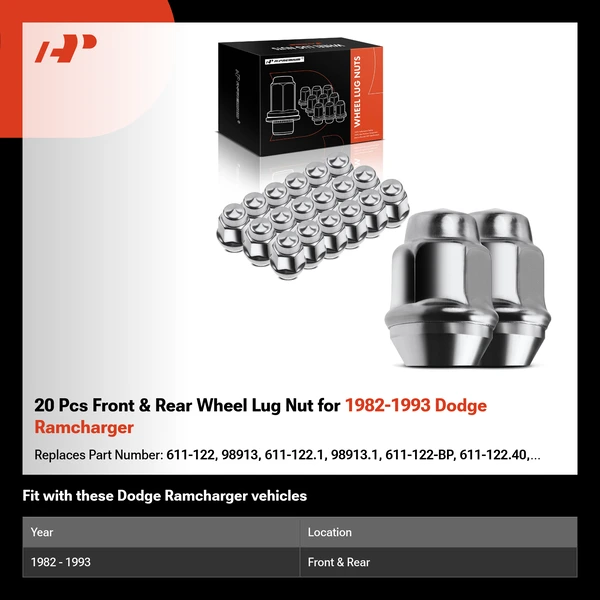 20 Pcs Front & Rear Wheel Lug Nut for 1982-1993 Dodge Ramcharger