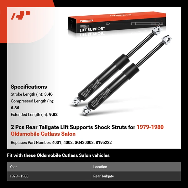 2 Pcs Rear Tailgate Lift Supports Shock Struts for 1979-1980 Oldsmobile Cutlass Salon