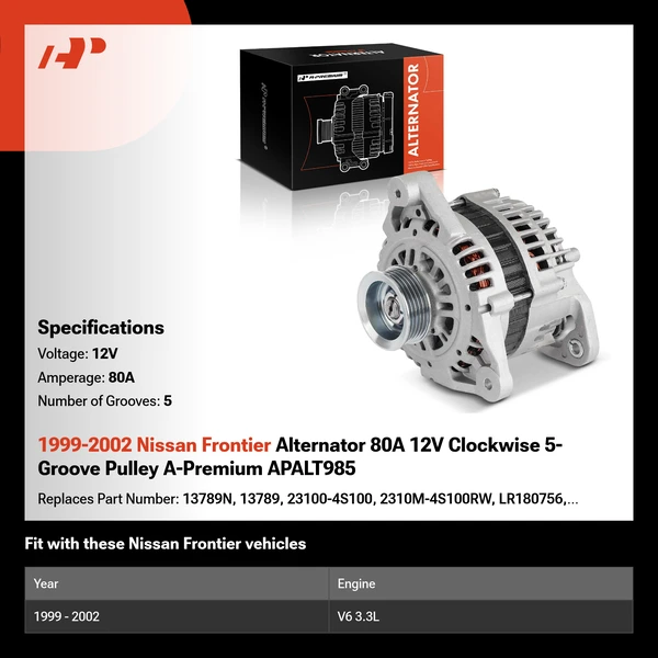 1999-2002 Nissan Frontier Alternator 80A 12V Clockwise 5-Groove Pulley A-Premium APALT985