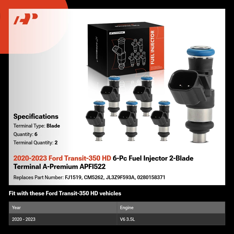 2020-2023 Ford Transit-350 HD 6-Pc Fuel Injector 2-Blade Terminal A-Premium APFI522
