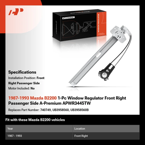 1987-1993 Mazda B2200 1-Pc Window Regulator Front Right Passenger Side A-Premium APWR3445TW