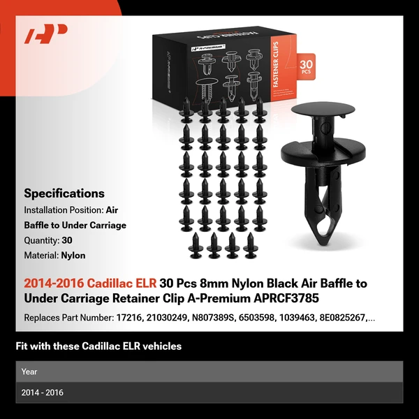 2014-2016 Cadillac ELR 30 Pcs 8mm Nylon Black Air Baffle to Under Carriage Retainer Clip A-Premium APRCF3785