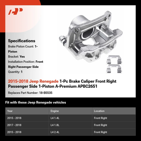 2015-2018 Jeep Renegade 1-Pc Brake Caliper Front Right Passenger Side 1-Piston A-Premium APBC2651