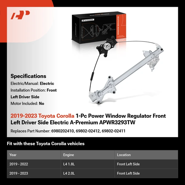 2019-2023 Toyota Corolla 1-Pc Power Window Regulator Front Left Driver Side Electric A-Premium APWR3293TW