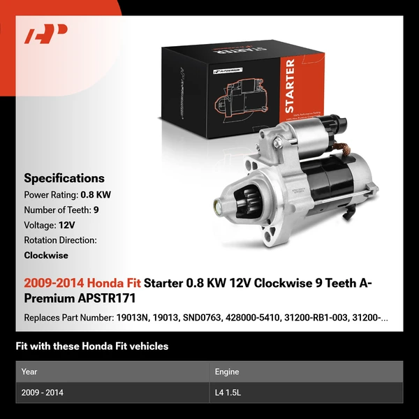 2009-2014 Honda Fit Starter 0.8 KW 12V Clockwise 9 Teeth A-Premium APSTR171