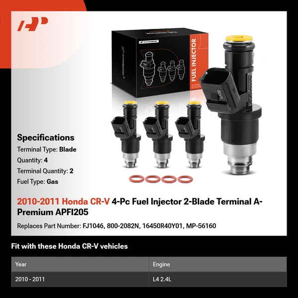 2010-2011 Honda CR-V 4-Pc Fuel Injector 2-Blade Terminal A-Premium APFI205