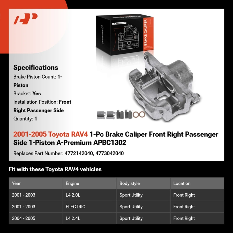 2001-2005 Toyota RAV4 1-Pc Brake Caliper Front Right Passenger Side 1-Piston A-Premium APBC1302