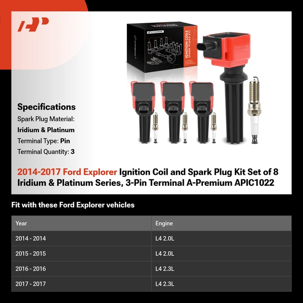 2014-2017 Ford Explorer Ignition Coil and Spark Plug Kit Set of 8 Iridium & Platinum Series, 3-Pin Terminal A-Premium APIC1022
