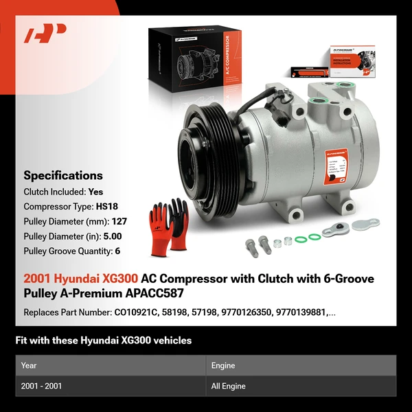 2001 Hyundai XG300 AC Compressor with Clutch with 6-Groove Pulley A-Premium APACC587