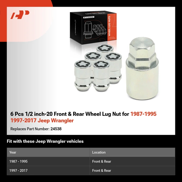 6 Pcs 1/2 inch-20 Front & Rear Wheel Lug Nut for 1987-1995 1997-2017 Jeep Wrangler