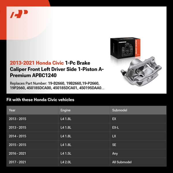 2013-2021 Honda Civic 1-Pc Brake Caliper Front Left Driver Side 1-Piston A-Premium APBC1240