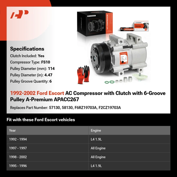 1992-2002 Ford Escort AC Compressor with Clutch with 6-Groove Pulley A-Premium APACC267