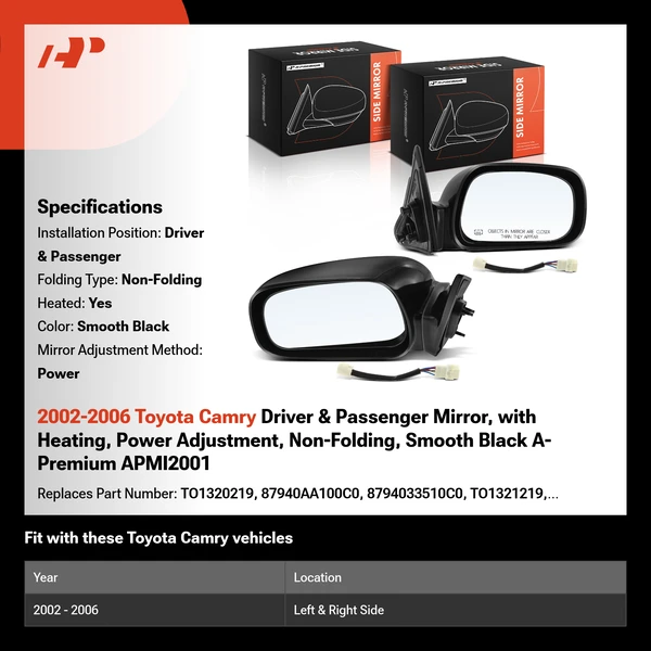2002-2006 Toyota Camry Driver & Passenger Mirror, with Heating, Power Adjustment, Non-Folding, Smooth Black A-Premium APMI2001