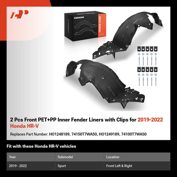 2 Pcs Front PET+PP Inner Fender Liners with Clips for 2019-2022 Honda HR-V