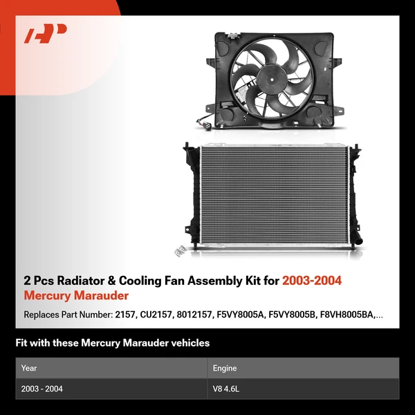 2 Pcs Radiator & Cooling Fan Assembly Kit for 2003-2004 Mercury Marauder