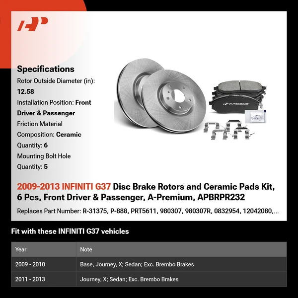 2009-2013 INFINITI G37 Disc Brake Rotors and Ceramic Pads Kit, 6 Pcs, Front Driver & Passenger, A-Premium, APBRPR232