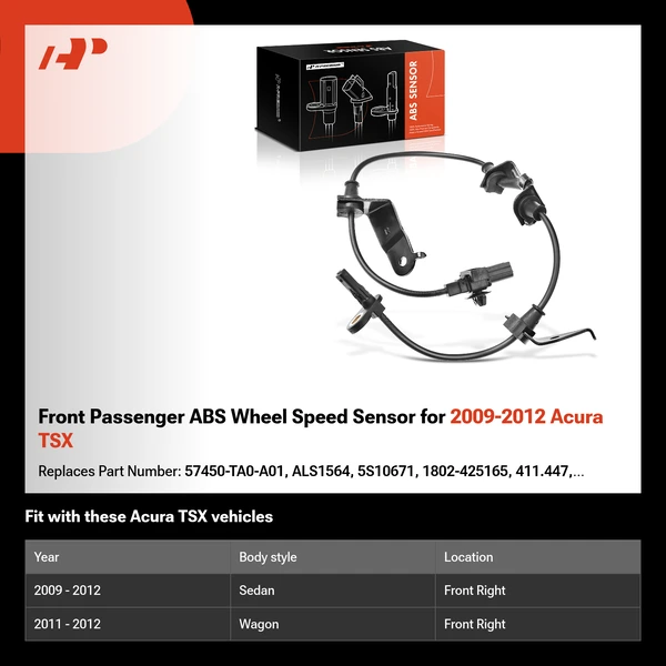 Front Passenger ABS Wheel Speed Sensor for 2009-2012 Acura TSX