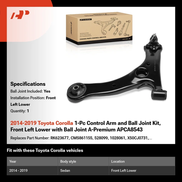 2014-2019 Toyota Corolla 1-Pc Control Arm and Ball Joint Kit, Front Left Lower with Ball Joint A-Premium APCA8543