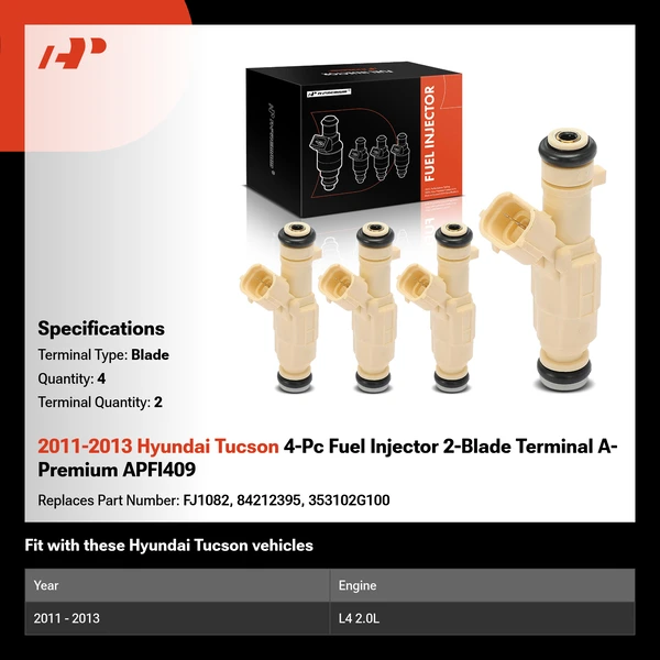 2011-2013 Hyundai Tucson 4-Pc Fuel Injector 2-Blade Terminal A-Premium APFI409