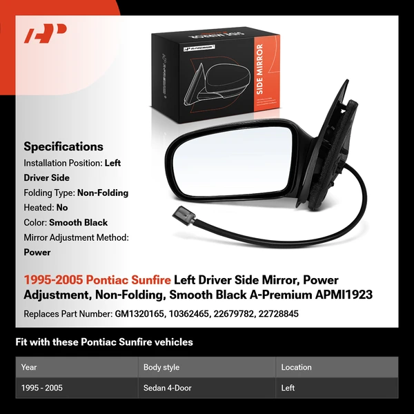 1995-2005 Pontiac Sunfire Left Driver Side Mirror, Power Adjustment, Non-Folding, Smooth Black A-Premium APMI1923