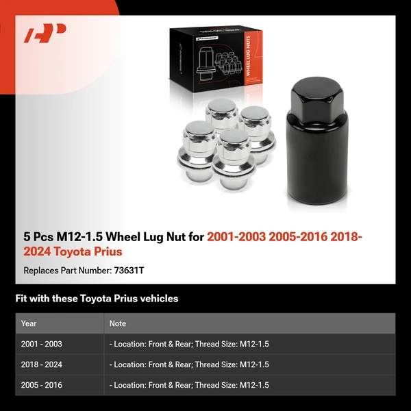 5 Pcs M12-1.5 Wheel Lug Nut for 2001-2003 2005-2016 2018-2024 Toyota Prius