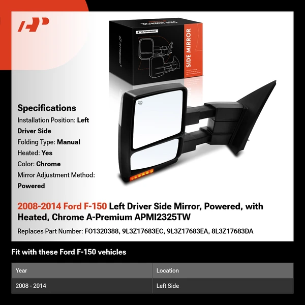 2008-2014 Ford F-150 Left Driver Side Mirror, Powered, with Heated, Chrome A-Premium APMI2325TW