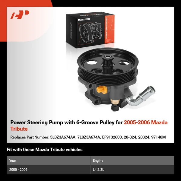 Power Steering Pump with 6-Groove Pulley for 2005-2006 Mazda Tribute