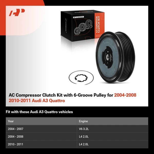 AC Compressor Clutch Kit with 6-Groove Pulley for 2004-2008 2010-2011 Audi A3 Quattro