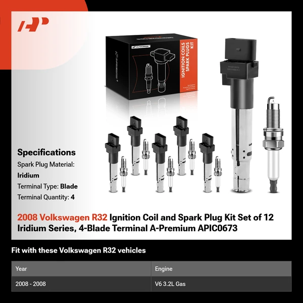 2008 Volkswagen R32 Ignition Coil and Spark Plug Kit Set of 12 Iridium Series, 4-Blade Terminal A-Premium APIC0673