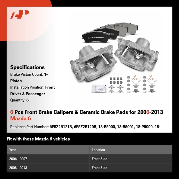 6 Pcs Front Brake Calipers & Ceramic Brake Pads for 2006-2013 Mazda 6