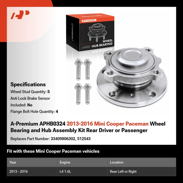 A-Premium APHB0324 2013-2016 Mini Cooper Paceman Wheel Bearing and Hub Assembly Kit Rear Driver or Passenger