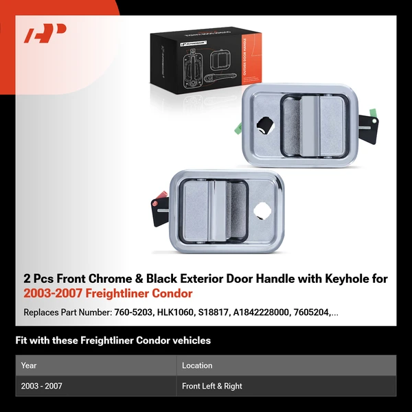 2 Pcs Front Chrome & Black Exterior Door Handle with Keyhole for 2003-2007 Freightliner Condor