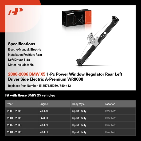 2000-2006 BMW X5 1-Pc Power Window Regulator Rear Left Driver Side Electric A-Premium WR0008