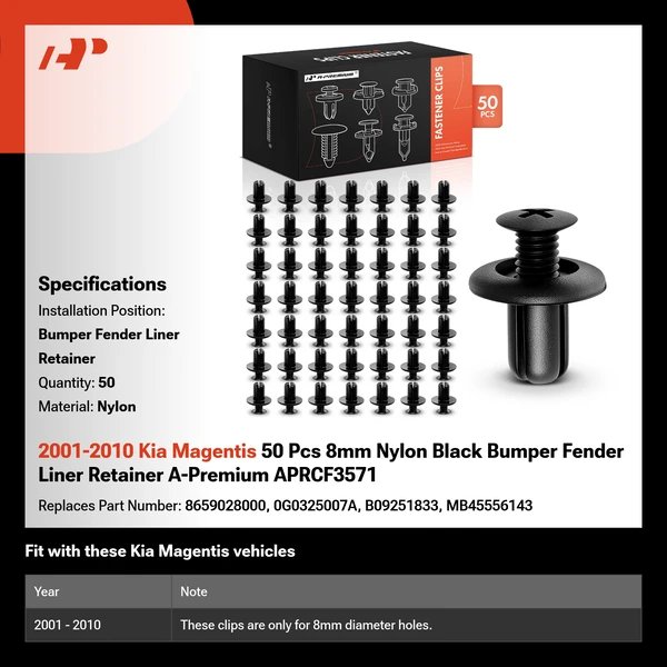 2001-2010 Kia Magentis 50 Pcs 8mm Nylon Black Bumper Fender Liner Retainer A-Premium APRCF3571